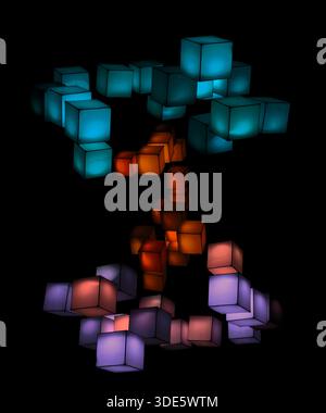 a lighting installation featuring an arrangement of glowing cubes floating in the dark background, physical cubes create dynamic, interactive visual d Stock Photo