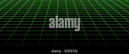 Horizontal green neon grid in perspective. Laser tile floor texture. Checkered plane pattern. Virtual reality wireframe surface. Futuristic geometric Stock Vector
