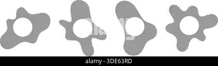 Circular pulsated sound waves or signal ripples shapes. Vibrated radial lines. Simple music, radio, echo or frequency equalizer waveforms isolated on white background. Vector graphic illustration. Stock Vector