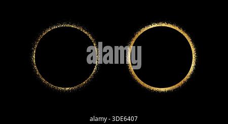 Set of round frames with golden powder texture. Gold circular shapes with glitter, stipple or mezzotint effect borders isolated on black background. Sun eclipse silhouettes. Vector illustration. Stock Vector
