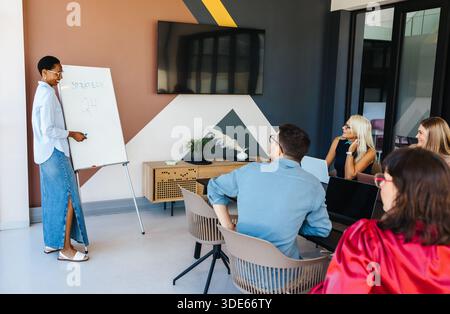 A multiethnic group of working professionals actively engaging in a business strategy meeting led by a young woman presenter using a whiteboard in a s Stock Photo