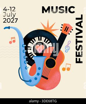 Summer music festival. Musical fest party,concept of live music festival, jazz and rock event.Music poster with guitar, saxophone and piano. Template for banner, flyer,invitation, card, cover.Vector Stock Vector
