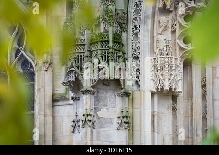 Gothic stone carvings and ornate architectural details on the facade of Saint Leonard Church in Honfleur. Close-up of intricate Gothic ornamentation. Stock Photo