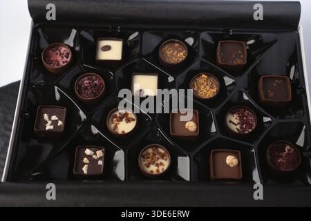 assorted artisanal chocolate pralines and truffles arranged in a glossy black tray inside an opened elegant giftbox, showing milk and dark shells, whi Stock Photo