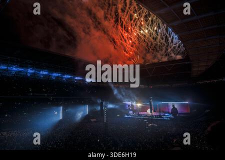 Fireworks mark the end the long awaited Oasis reunion in the summer of 2025 Stock Photo