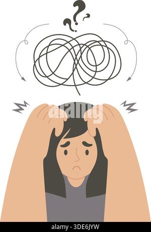 Mental Health. Sad Woman Under Stress with Tangled Thoughts Messy Mind Knot and Question. Vector flat Illustration. Not AI Stock Vector