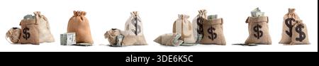 Collage of sack bags with dollar banknotes on white background Stock Photo
