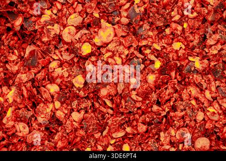 Crushed red pepper flakes creating a vibrant texture and spicy food ingredient background Stock Photo