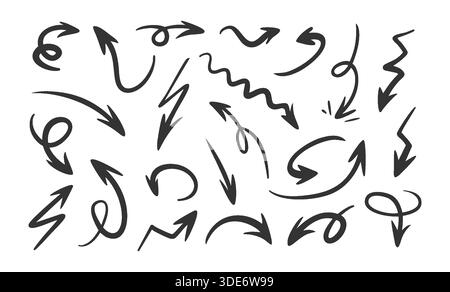 Arrow Hand Drawn Set with Curved, Zigzag and Swirl Shapes. Black Ink Doodle Arrows, Directional Pointers for Collage Emphasis, Infographics Creative Design Expressive Accent. Vector Illustration Stock Vector