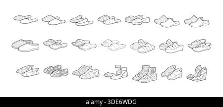 Sandal line pair set. Slide slippers espadrille wedge, cork flatform, fisherman gladiator huarache, slingback thong, ankle strap flip flop. Minimal footwear drawing vector, isolated outline collection Stock Vector
