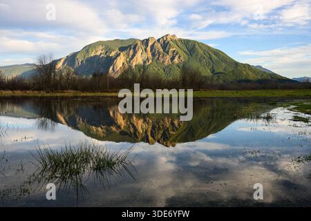 Mount Si reflects in flooded field in East King County in winter Stock Photo