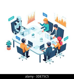 Isometric Robot and Humans Collaborating in a Business Meeting. Human AI Agent Collaboration Team Concept Stock Vector
