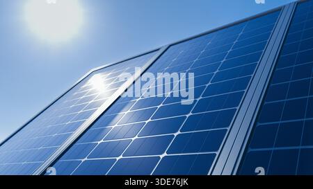 Solar panels blue sky sun flare renewable energy background. 3d rendering Stock Photo