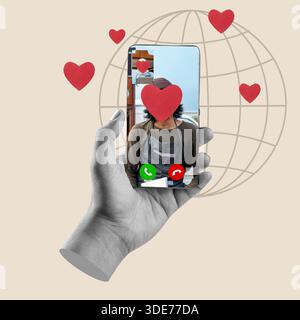 Human hand holding a smartphone displaying a video call. The person on the screen has a heart covering their face. Collage art. Concept of Long Distan Stock Photo