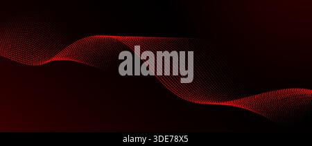 Red dotted wavy pattern background. Dark red flowing wave particles concept. Tech halftone curved lines wallpaper for science banner, technology poster, presentation, booklet, flyer. Vector Stock Vector