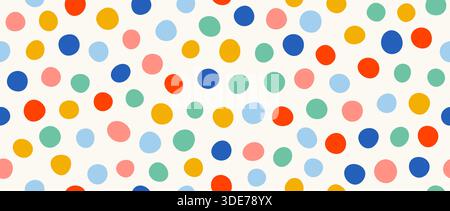 Cute birthday polka dot seamless pattern. Colorful clown repeated round confetti background. Pastel dotted wallpaper for Easter wrapping paper, birthday decoration, kid bday nursery decor. Vector Stock Vector