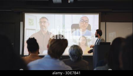 Video call, audience and speaker with presentation, business conference and seminar event. Workshop screen, training and webinar summit with people Stock Photo