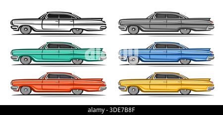 Vector vintage American Car set, horizontal automotive placard with 6 cut out illustrations of long sedan car from sixties, colorful artwork clipart o Stock Vector