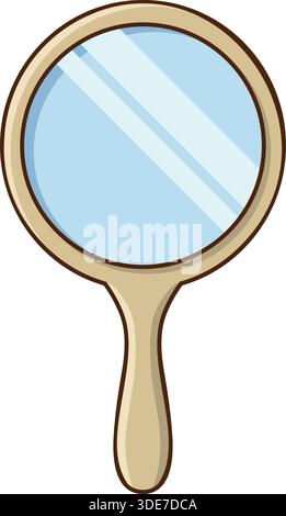 A round hand mirror with a gold handle and reflective blue glass drawn in clean vector lines. Stock Vector