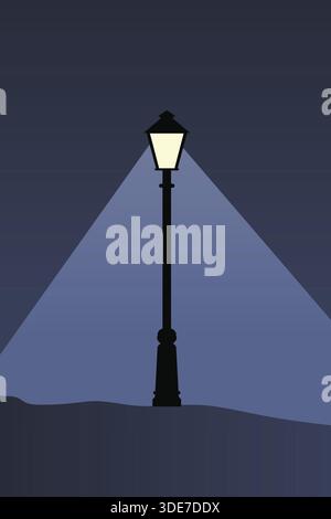A tall street lamp at night casting a bright triangular beam across a dark blue scene. Stock Vector