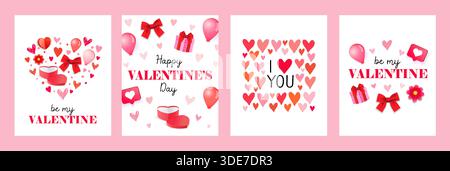 Be my Valentine art covers set with love accessories for Happy Valentines Day. Heart pattern, gift boxes, balloons, bow and confetti Stock Vector