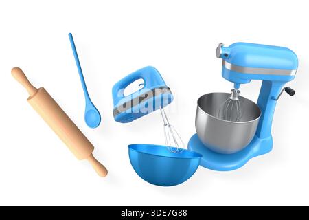 Baking tools including a stand mixer, hand mixer, wooden spoon, and rolling pin isolated on white background, concept of cooking. Stock Photo