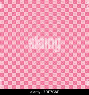 Pink seamless checkered pattern with hand-drawn heart icons, romantic cute background for Valentine’s Day, love themes, wrapping paper, textiles, and Stock Vector