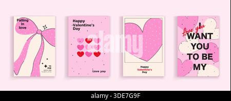Set of Valentine's Day coquette greeting cards for Valentine's Day. Hand drawn whimsical frames with elegant bows and ribbons. template for poster, ba Stock Vector