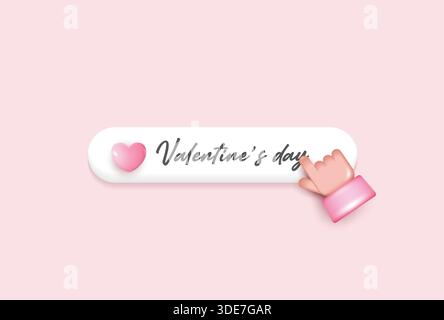 Cute Valentine’s Day button with pink heart icon and hand cursor click, minimal 3D illustration on pastel background, love concept for UI, web banner, Stock Vector