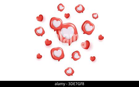 Chat speech bubble with 3d hearts. social media like icon. chat love message with cute 3d hearts. valentine Day. app love comment. social media. Stock Vector