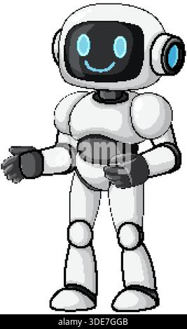 Cute humanoid robot illustration, white and black body, blue accents, cheerful expression, simple background Stock Vector