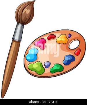 Cartoon-style paintbrush and palette with vibrant paint blobs, isolated on white background Stock Vector