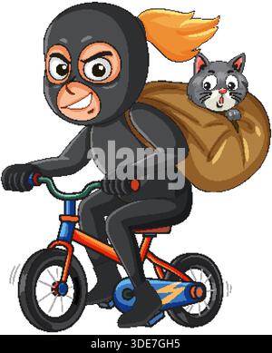 Cartoon female thief in black suit rides bicycle, carrying brown sack with gray cat inside Stock Vector