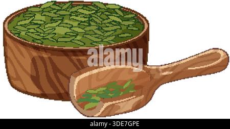 Vector illustration of dried green tea leaves in a wooden bowl with a wooden scoop Stock Vector