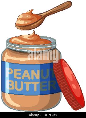 A flat vector illustration of creamy peanut butter in a glass jar with a spoon Stock Vector