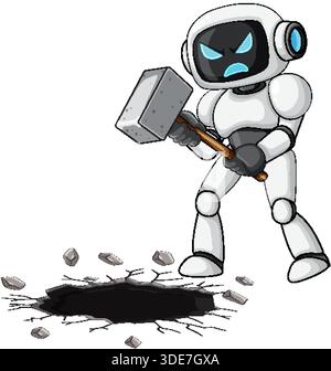 Cartoon robot with angry face breaking ground using sledgehammer, dynamic vector illustration style Stock Vector
