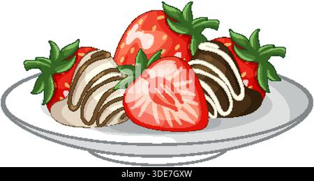 Vector illustration of whole and halved strawberries with chocolate drizzle on a white plate Stock Vector