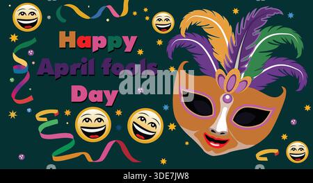 April Fools' Day Celebration with Masquerade Mask and Laughing Emojis Stock Vector