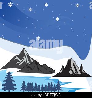 Snowy Mountain Landscape at Night with Stars Stock Vector