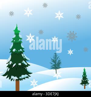 Winter Snow Landscape Vector Background with Pine Trees and Falling Snowflakes Stock Vector