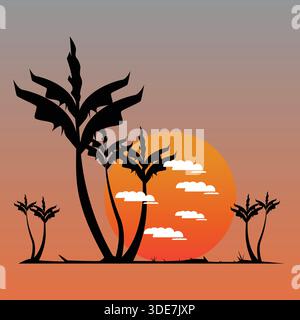 Tropical Sunset with Palm Tree Silhouettes Stock Vector