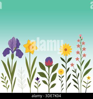 Blossomed Garden Flowers Set – Spring & Summer Floral Border Vector Illustration Stock Vector
