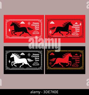 Chinese New Year Horse Zodiac Greeting Cards Collection Stock Vector