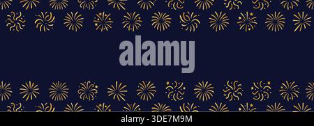 Elegant gold firework border pattern on dark blue background. Festive celebration frame for New Year, Christmas, party or holiday design Stock Vector