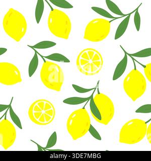 Bright yellow lemon pattern. Flat citrus fruit and leaf in seamless playful modern style Stock Vector