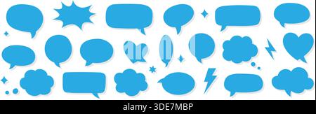 Blue comic speech bubbles and thought clouds. Cartoon talk balloons for communication, pop art, and modern graphic design Stock Vector