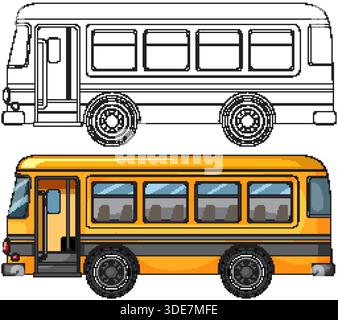 Side view yellow city bus illustration with matching black-and-white outline, clean flat vector style Stock Vector