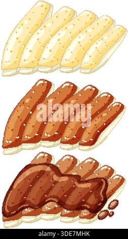 Three styles of sliced fried tofu, plain, seasoned, and sauced, in clean vector art style Stock Vector