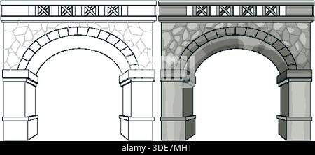 Vector stone archway comparison showing outlined structure beside fully shaded, colored architectural version Stock Vector