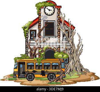Cartoon vector of derelict school and bus, overgrown trees, cracked walls, isolated white background Stock Vector